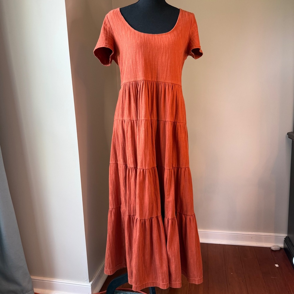 Maeve Maxi Dress Womens M Rust Tiered Cotton Textured Short Sleeve Pockets